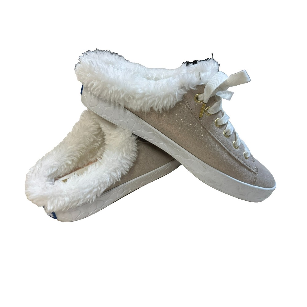 NWOB Keds for kate spade Gold Glitter Sneaker Slide Faux Fur Trim US‎ SZ